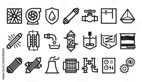 Water treatment and filtration system process icons with treatment, filtration