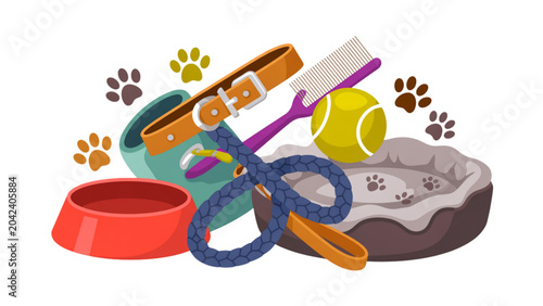 Colorful collection of pet accessories including leashes, collars, bowls, and toys on a flat surface