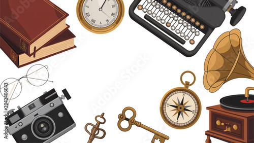 Fotografía Assorted vintage pocket watches and keys on a light wooden surface