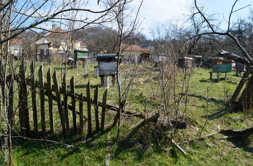 old wooden, empty and broken beehives