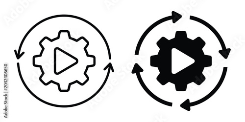Automation process icon set featuring linear and silhouette symbols for workflow management and technology solutions illustration