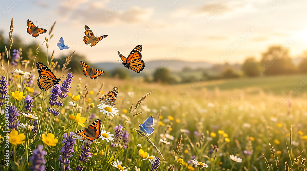 Obraz premium Butterflies flying over a vibrant wildflower meadow at sunset