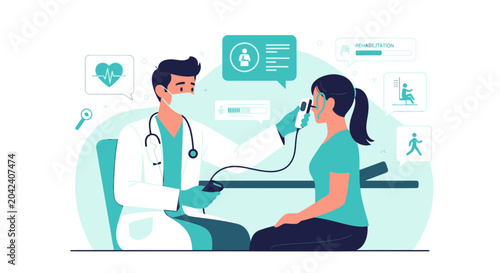Medical Examination and Rehabilitation Process Illustrated with Patient and Doctor Interaction