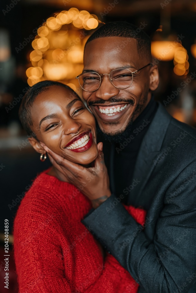 Fototapeta premium Couple smiling and embracing inside festive bar interior