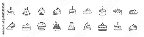 Fotografie Birthday cake decoration cream pastry web line icons set styled curvy candle cak