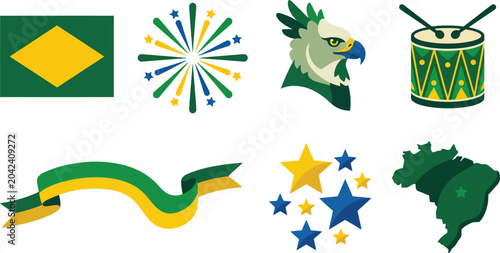 Schilderij op canvas Vibrant Brazilian national holiday festive elements including a simplified flag, colorful fireworks, an eagle, a drum, wavy ribbon, bright stars and the country map