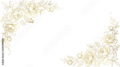 Bild auf Leinwand Gold floral corner frame border with peonies