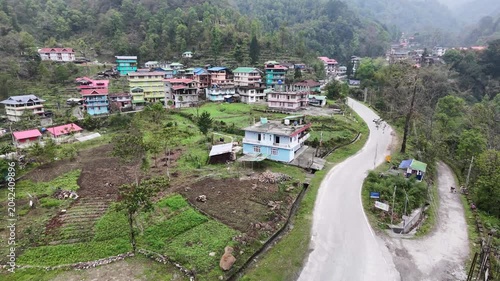 A clean top-down drone perspective showcasing the striking geometry of a village road contrasting with traditional rooftops and backyard gardens in rural North Bengal.
