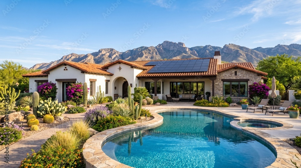 Fototapeta premium Modern Solar Panels Installed On A Arizona Home Under Clear Blue Sunny Sky, Solar Photography, Solar Powered Clean Energy, Sustainable Resources, Electricity