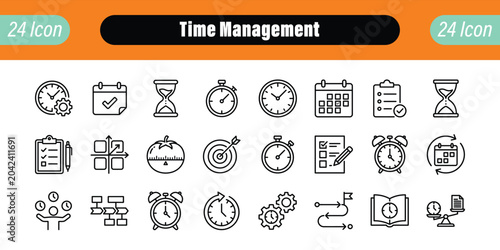 Photos Collection of 24 time management icons, including clocks, calendars, hourglasses