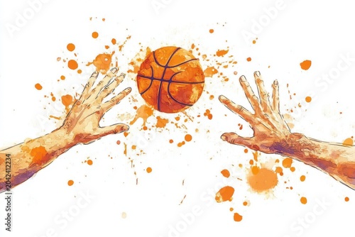 Energetic watercolor illustration of two human hands reaching for an orange basketball with dynamic paint splatters on white