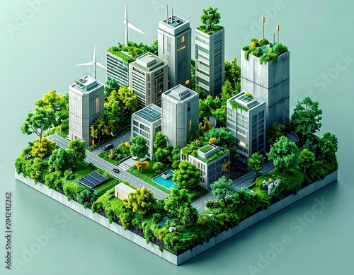 A futuristic cityscape with sleek skyscrapers, lush greenery, and sustainable features