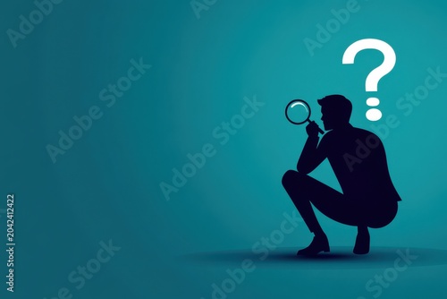 Searching for solutions: silhouette of a man with a magnifying glass and a question mark symbolizing investigation, inquiry, and problem-solving.