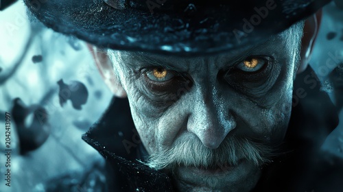 Close-up of an old man with glowing eyes and a hat, looking menacingly forward