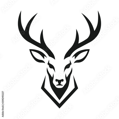 Minimalist deer head stag logo vector icon with sharp antlers for outdoor adventure and hunting club