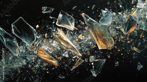 Close-up of shattered glass fragments with golden light reflections on a dark background
