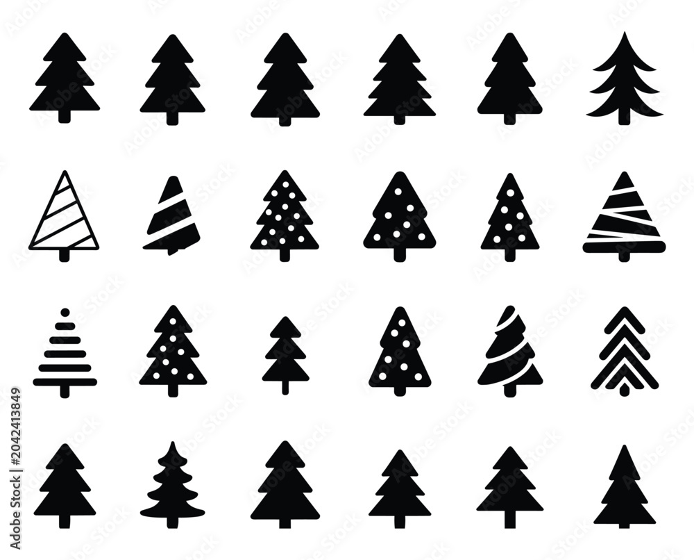 Obraz premium Collection of Christmas Trees. A curated assortment of stylized Christmas tree icons in various shapes, sizes, and patterns, presented as a versatile graphic resource for festive designs.