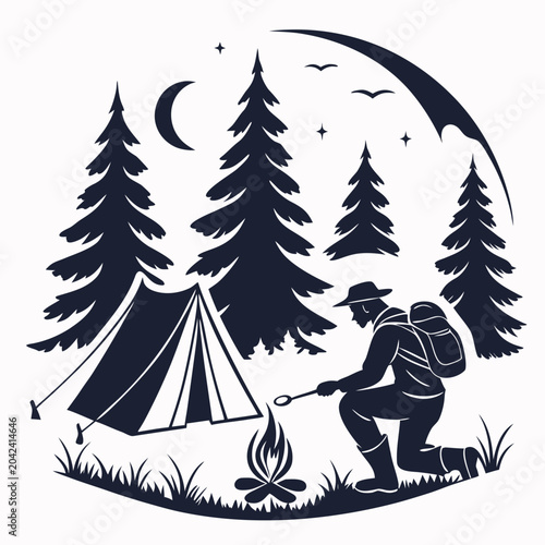 Person tending to a campfire in the forest at night with a tent and trees