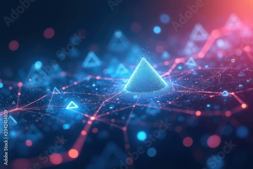 Glowing Pyramid in a Vibrant Digital Network with Abstract Shapes
