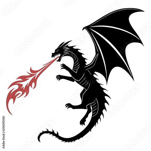 Canvastavla Black dragon with red fire graphic illustration mythical creature legendary