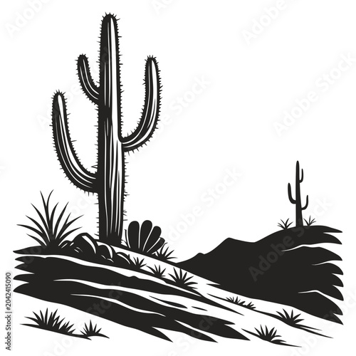 Bild auf Leinwand Illustration of a tall cactus plant with smaller cacti and desert vegetation