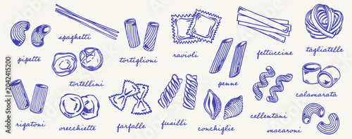 Bild auf Leinwand Pasta set illustration with blue line pasta shapes, including spaghetti, rigatoni, tortellini, ravioli, penne, fusilli, conchiglie, macaroni, pipette, orecchiette, and handwritten name labels