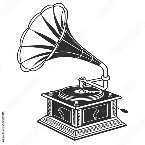 Vintage gramophone with large horn and decorative details on a wooden base