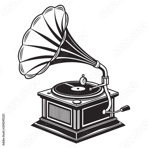 Vintage gramophone with a large horn and turntable illustration, record player