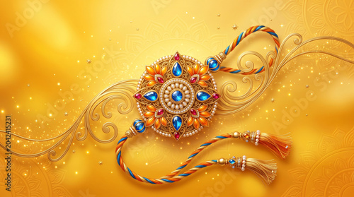 Elegant Raksha Bandhan rakhi with colorful gemstone ornament for festive greetings and sibling celebration