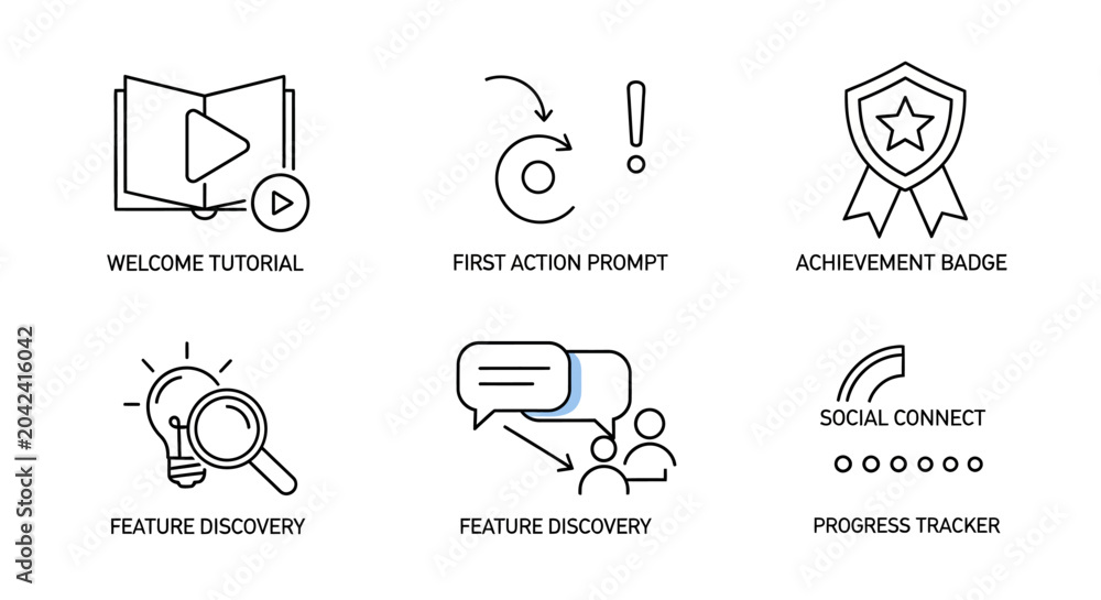 Fototapeta premium Set of 6 outline icons: tutorial, prompt, badge, discovery, connect, progress tracker