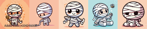 Fotografie Five cute cartoon mummy characters in different poses.