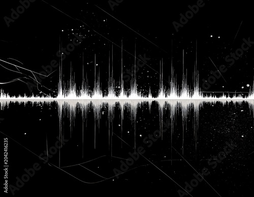 A futuristic digital artwork depicting a white sound wave against a black background with faint geometric lines and scattered dots