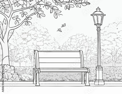 Canvas-taulu continuous single line drawing of bench and lantern in public park, line art vec