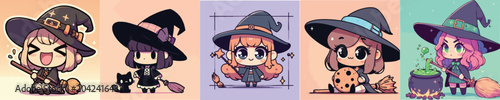 Tablou pe pânză Cute chibi witch characters in various poses and outfits.