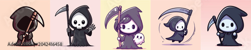 Fotografie Adorable cartoon grim reaper characters in various poses holding scythes