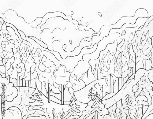 Abstract Line Drawing of a Forest Fire with Smoke
