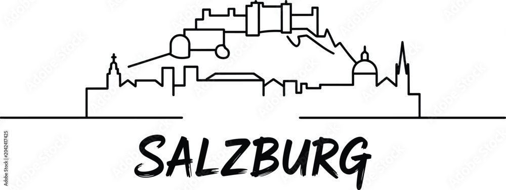Obraz premium Salzburg skyline illustration with city landmarks in a clean line art style, urban landscape vector and tourism symbol
