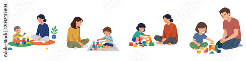 Billede på lærred Parents and young children joyfully engaging in creative play with colorful buil