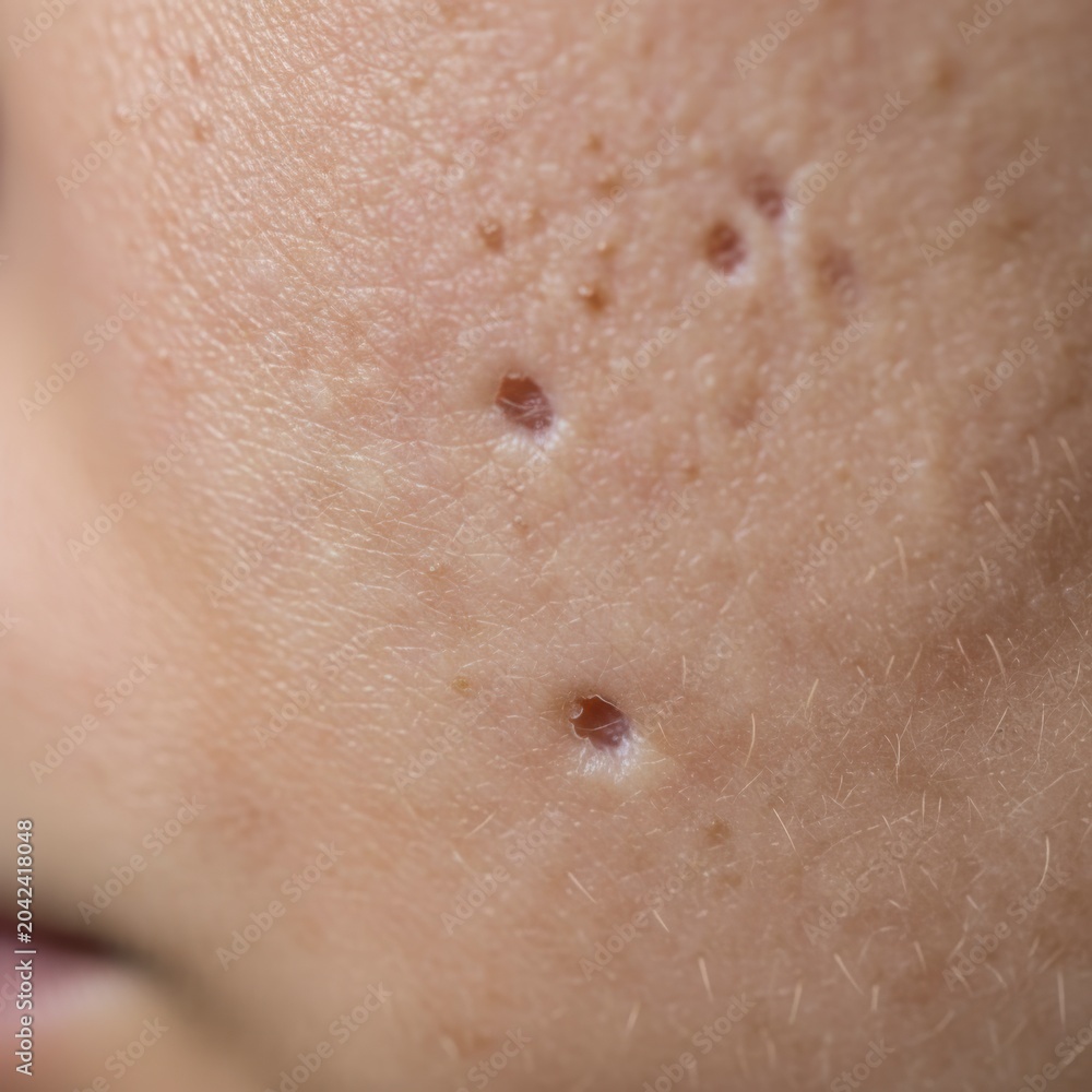 Fototapeta premium Close-up of Acne Scars on Skin, Detailed Texture of Pockmarked Face