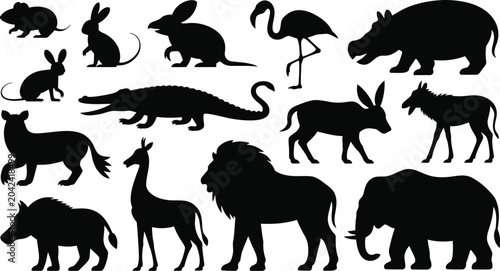 Photography Detailed black and white silhouette set featuring various wild animals like lion