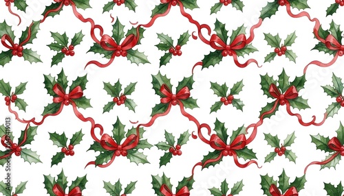 Seamless watercolor pattern of holly leaves with red bows and berries for Christmas