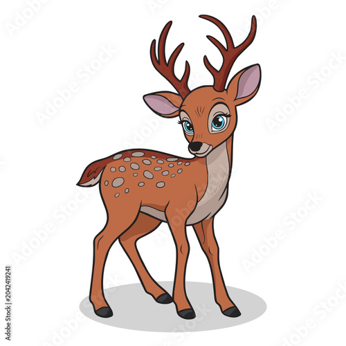 An adorable cartoon deer featuring large blue eyes, spots on its back, and prominent antlers. Charming wildlife character design isolated on a white background, perfect for children.