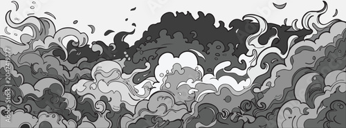 A stylized monochrome illustration featuring dramatic smoke clouds and roaring flames in a classic comic book or manga style. Artistic grayscale banner texture with bold linework.