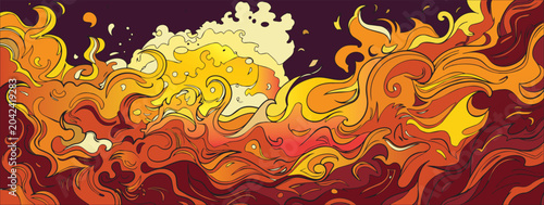 A vibrant, stylized illustration of roaring fire with dramatic orange and red flames, accompanied by thick yellowish smoke clouds against a dark backdrop. Comic book or anime style banner.