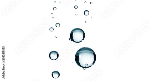 Floating water droplets in clear air with soft reflections and minimalist background