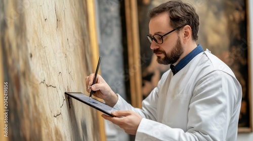 Art conservator meticulously analyzes cracks on an antique painting using a tablet and stylus, blending modern tech with historical art restoration. Art Conservation, Digital Art