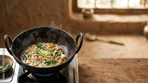 Frying cashews and green chilies in a rustic iron pan with spices