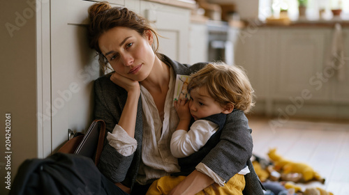 Exhausted mother in rumpled work blazer sits on kitchen floor beside toddler's scattered toys, head resting against cabinet, still holding her laptop bag while her child presses a