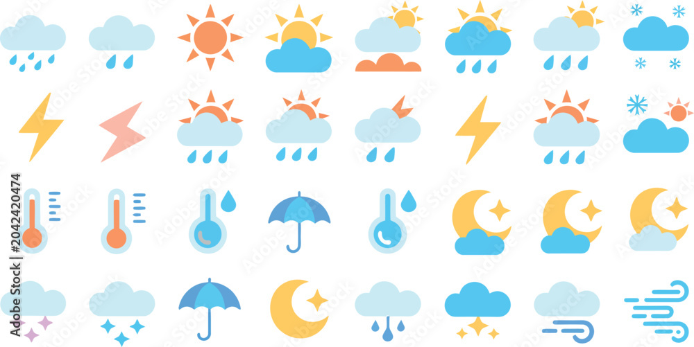 Ταπετσαρία Organized display of colorful flat weather icons for forecasting and digital int