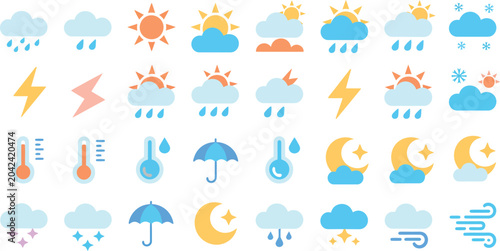 Photos Organized display of colorful flat weather icons for forecasting and digital int